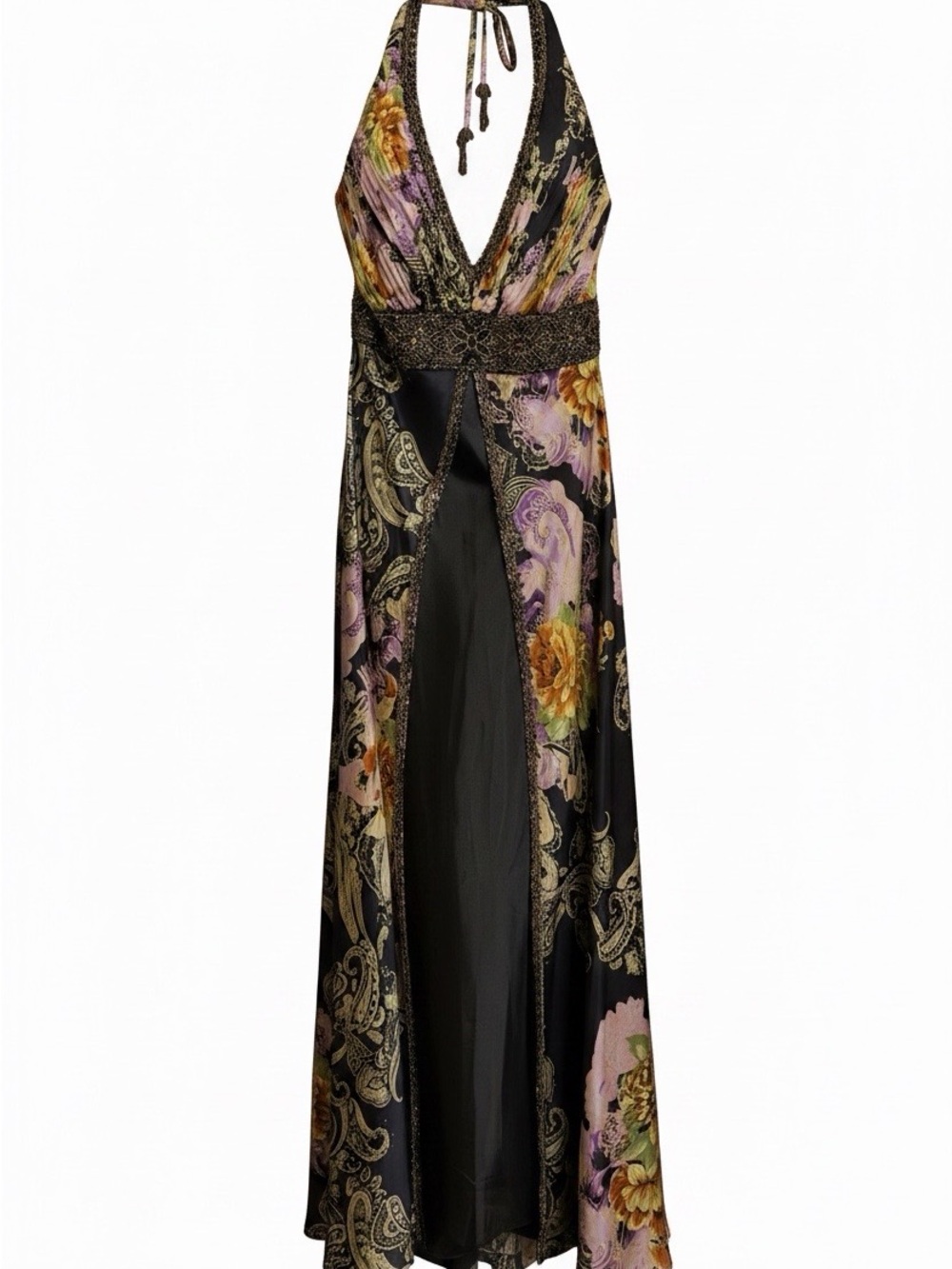 Sue Wong Black Halter Maxi Dress with Purple and Gold Floral Print